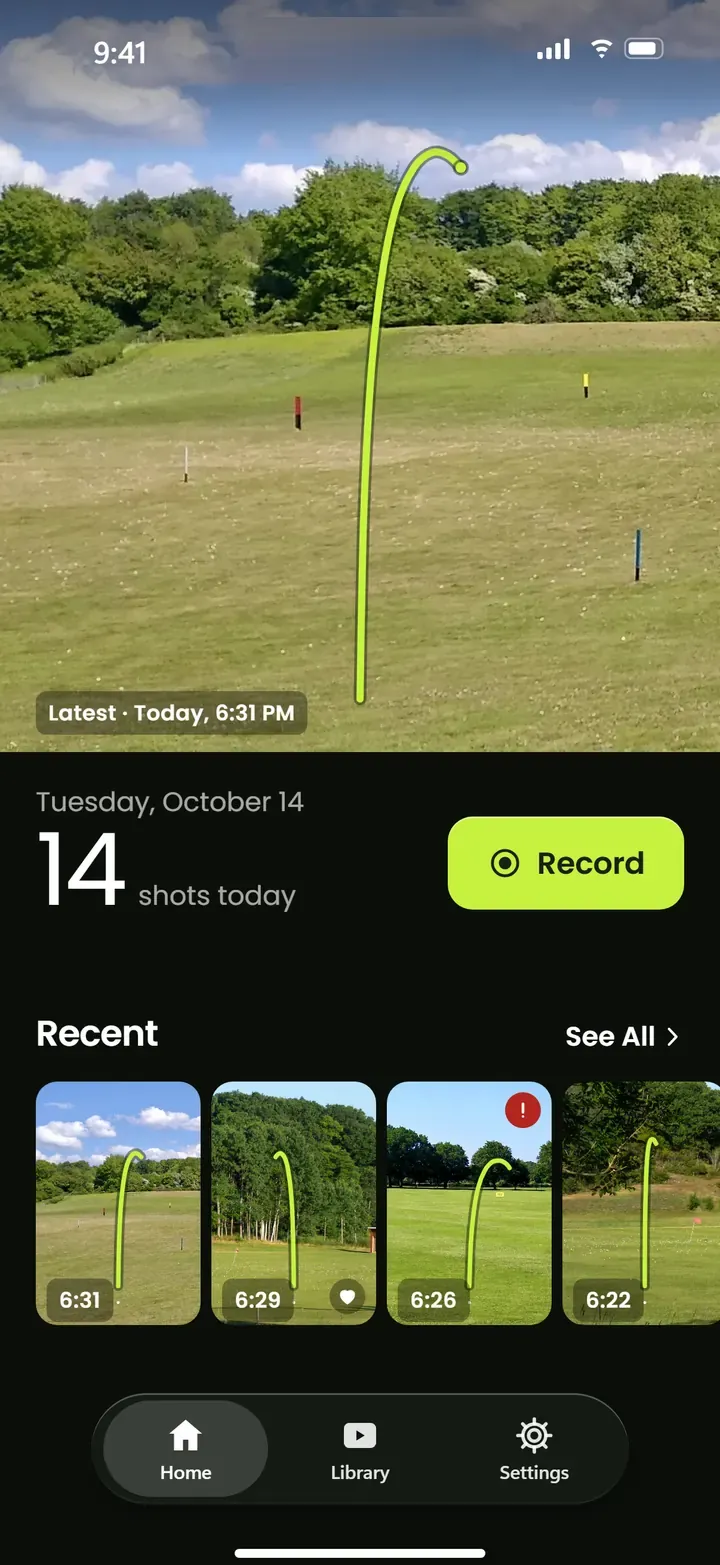 Contrail home screen: today’s latest shot with its tracer, a count of 14 shots today, a lime Record button and recent clips.