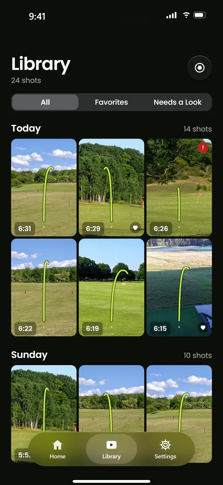 Contrail library: shot thumbnails grouped under Today and Sunday, each showing its tracer line.