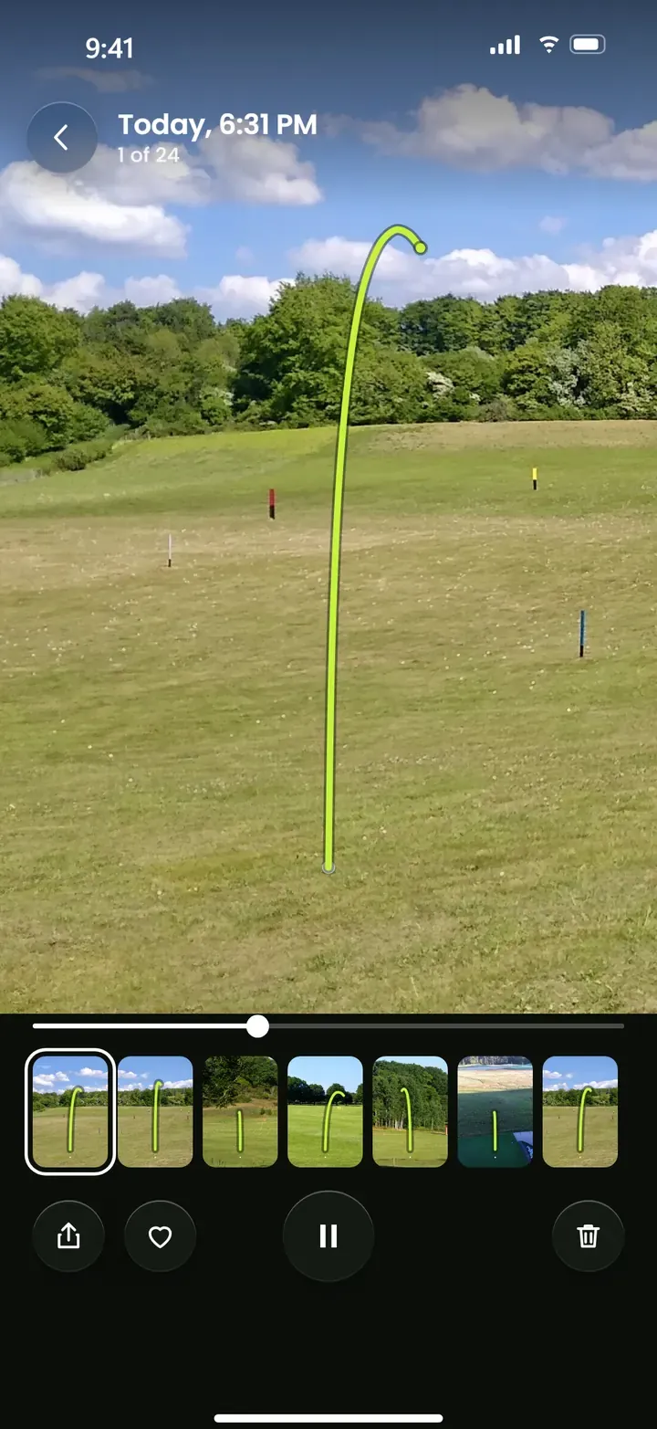 Contrail shot view: a range video with a lime tracer rising into the sky, a strip of other shots below.