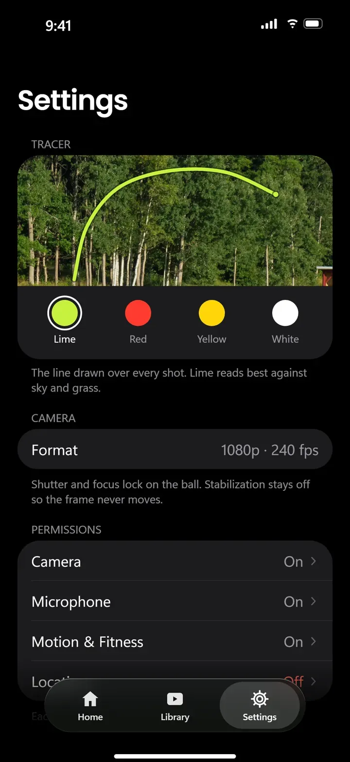 Contrail settings: a tracer color picker, camera format and the list of permissions.