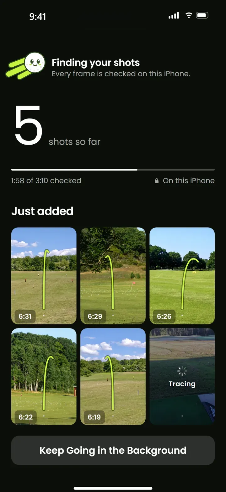 Contrail finding shots: a count of shots found so far, a progress bar and new clips appearing in a grid.